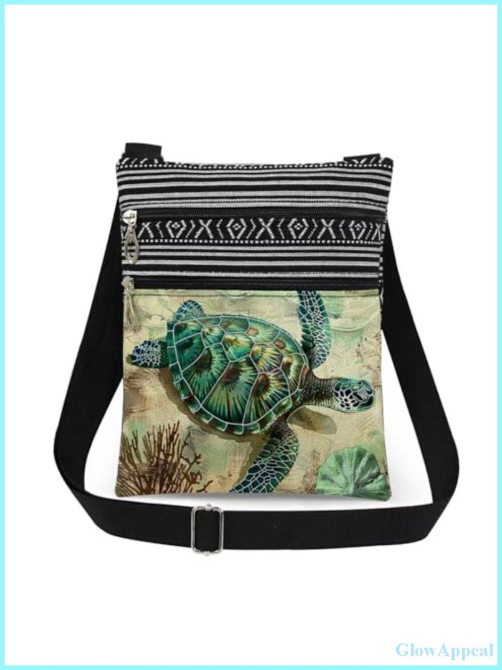 Turtle Crossbody Bag Polyester Sling Adjustable Strap Double Zipper